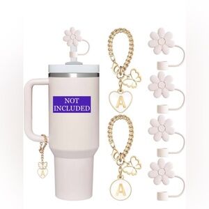 2 Butterfly w Initial A charms & 4 Flower Straw Cover Caps for Stanley New